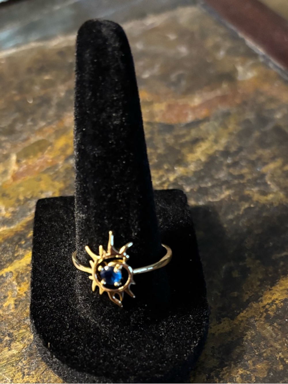 New Gold Plated Sunburst Ring with Blue Stone